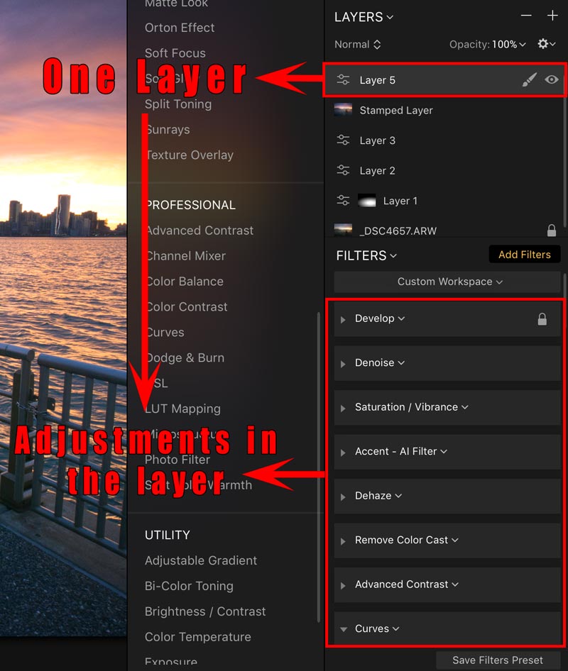 how do filters and layers work in Luminar 2018