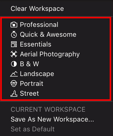 automatic workspace of luminar 2018